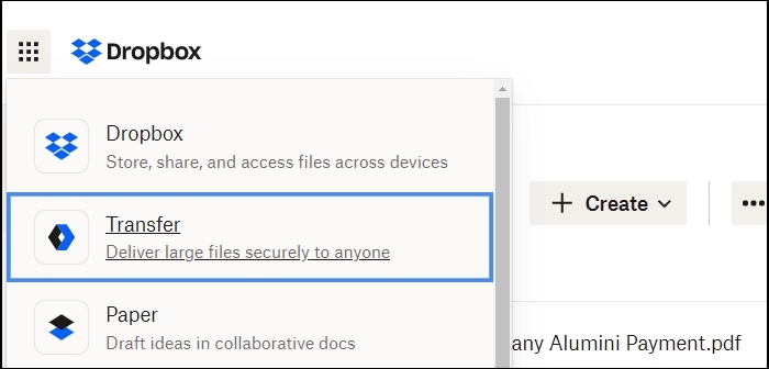 Dropbox-Übertragungsmenü