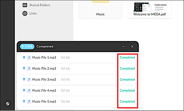 mega wird Dateien hochladen und benachrichtigen