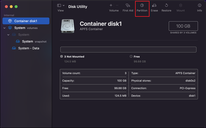 wählen Sie die Option Partition
