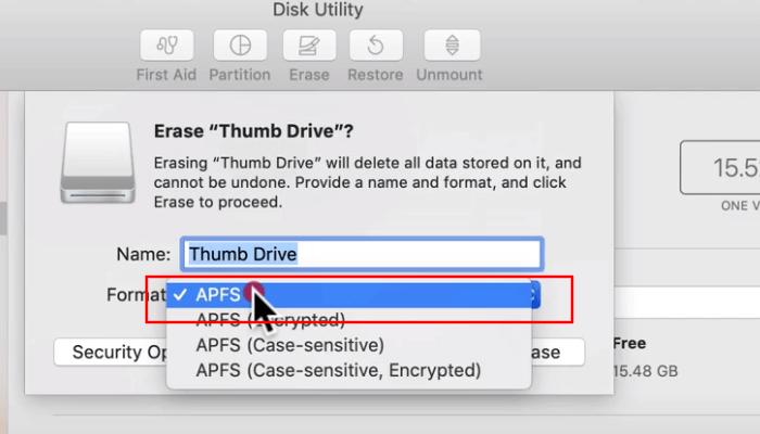 Namen und Format des Geräts auswählen