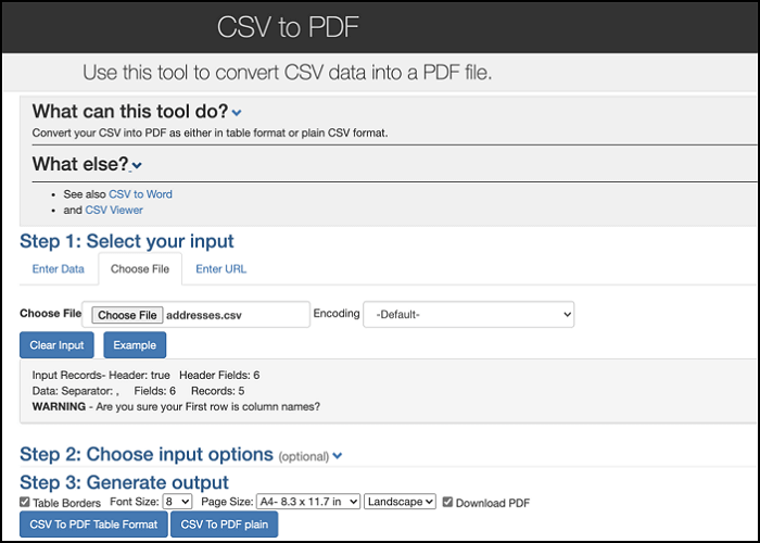 Online-Konverter zum Konvertieren von CSV in PDF - ConvertCSV