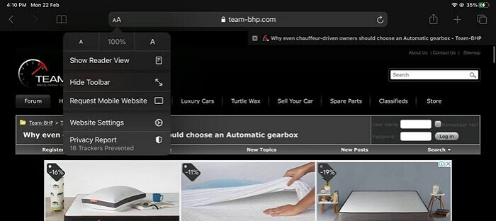 Speichern einer Webseite als PDF-Datei auf dem iPad - In die Reader-Ansicht wechseln