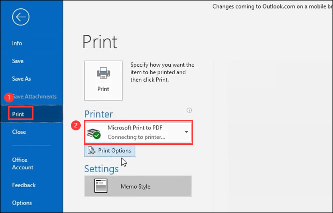 Microsoft Print to PDF-Datei auswählen