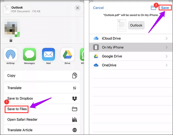 Outlook Email als PDF-Datei in Outlook auf dem iPhone speichern